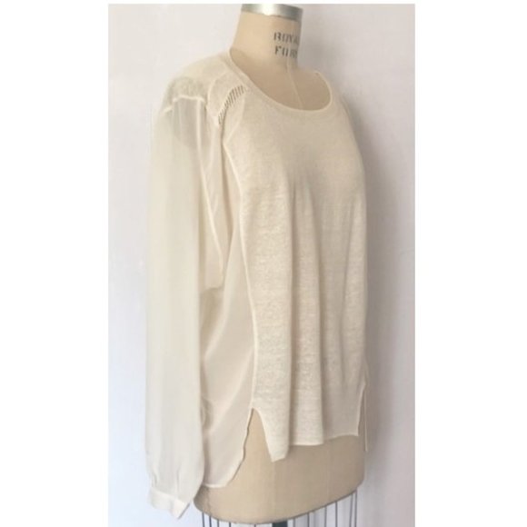 H&M CREAM FINE KNIT MIXED MEDIA CHIFFON SLEEVE LINEN BLEND SWEATER 12 NWT - Picture 2 of 9